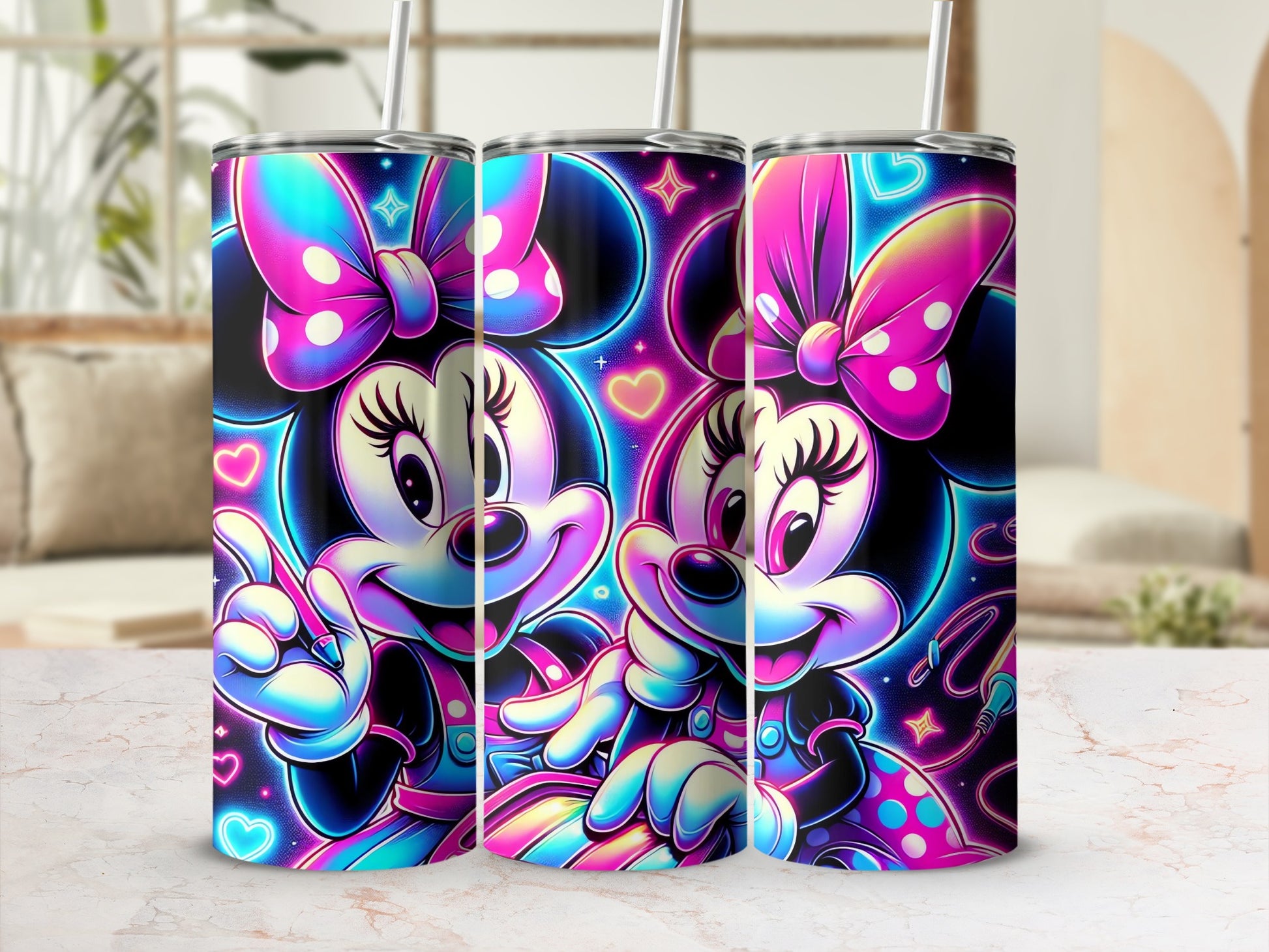 Neon Character Tumbler with Cute Bow and Heart Design