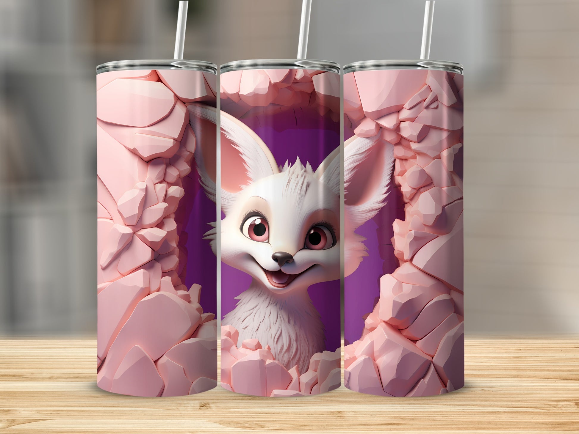 Adorable Cartoon Fox Pink Rocks Design Tumbler Cup