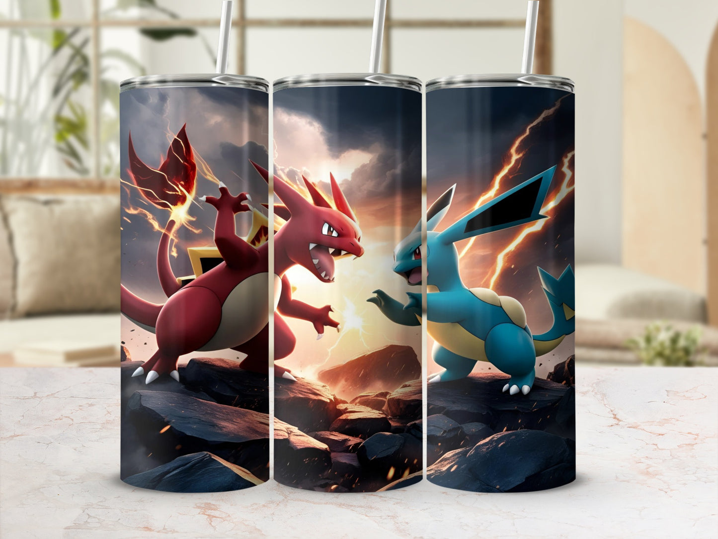 Charizard and Blastoise battling in a rocky, fiery landscape.