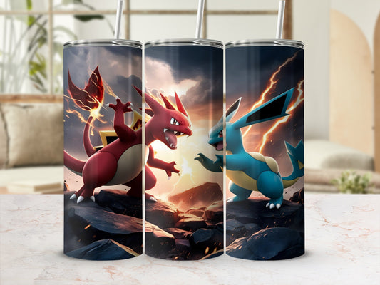 Charizard and Blastoise battling in a rocky, fiery landscape.