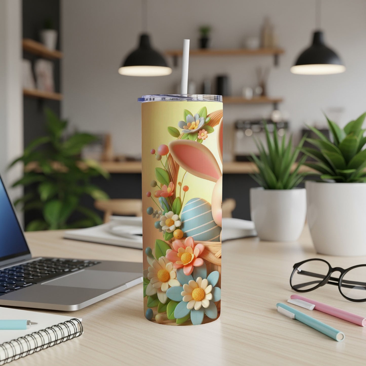 Easter bunny and flowers on a yellow tumbler with a straw.