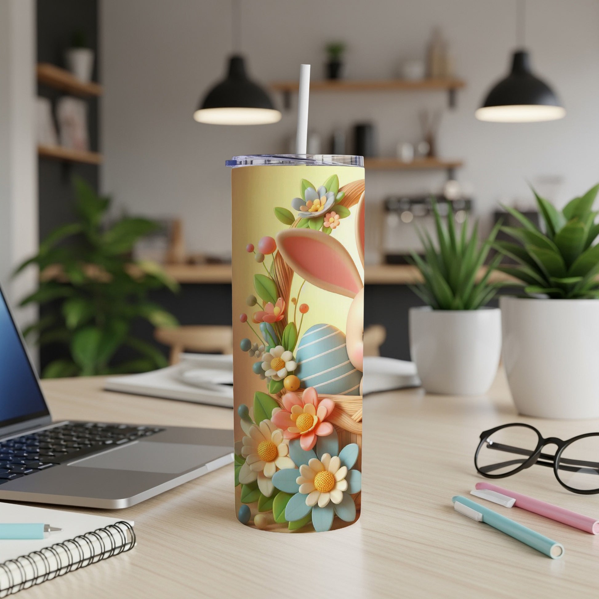 Easter bunny and flowers on a yellow tumbler with a straw.
