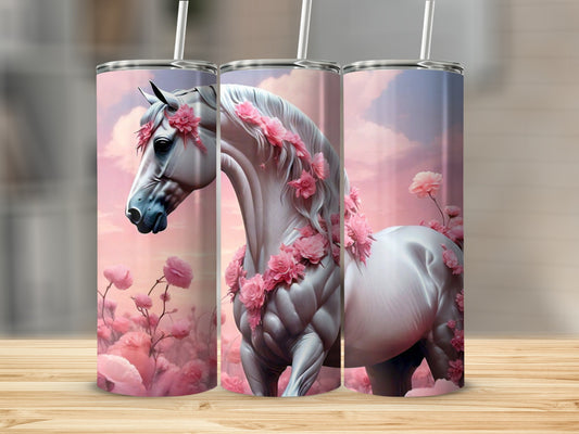 Pink Floral Horse Design Tumbler with Lid and Straw
