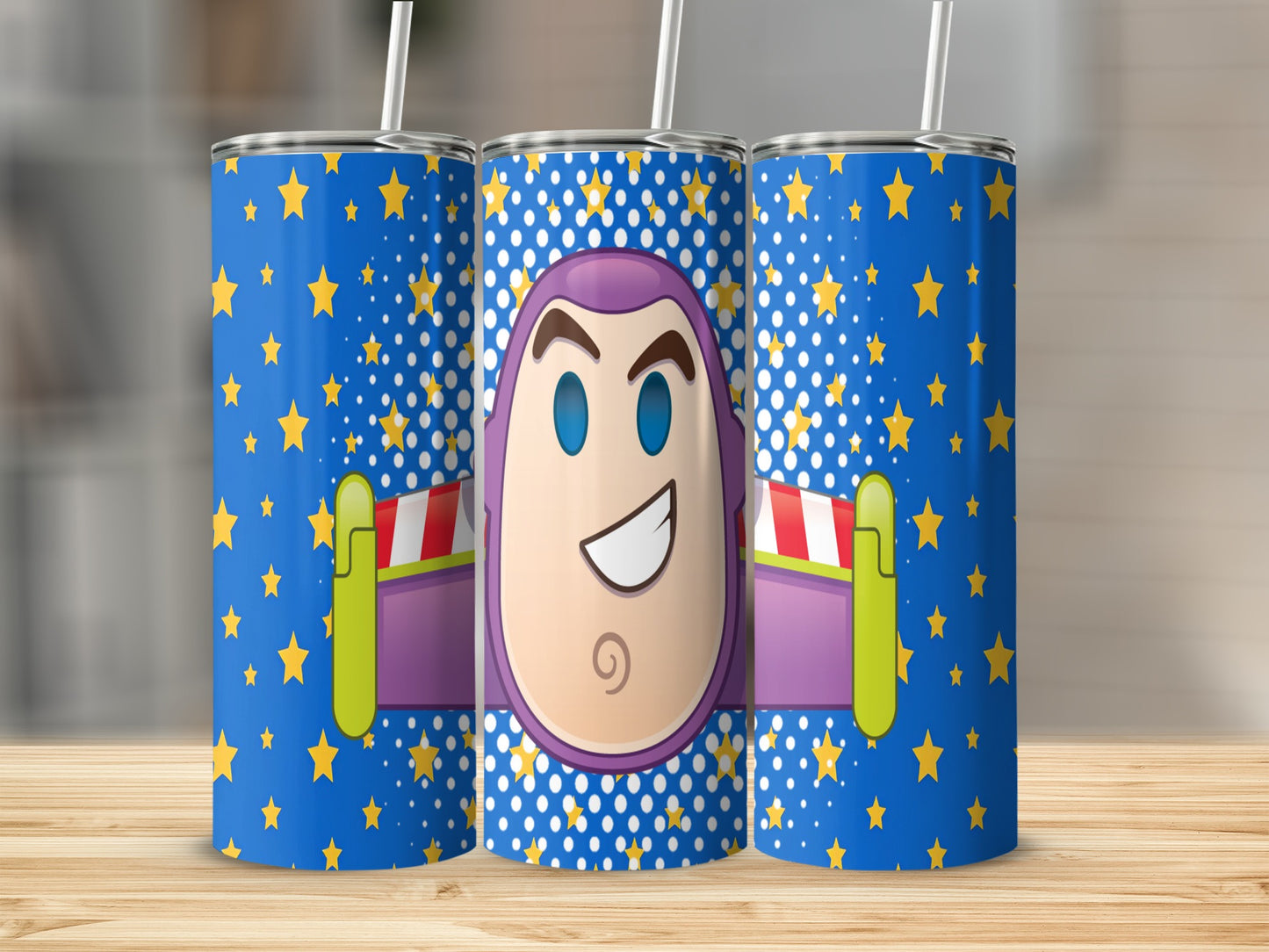 Buzz Lightyear face on a blue tumbler with yellow stars and white polka dots.