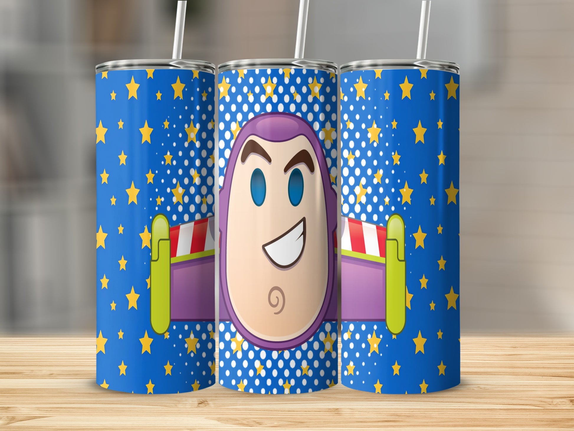 Buzz Lightyear face on a blue tumbler with yellow stars and white polka dots.