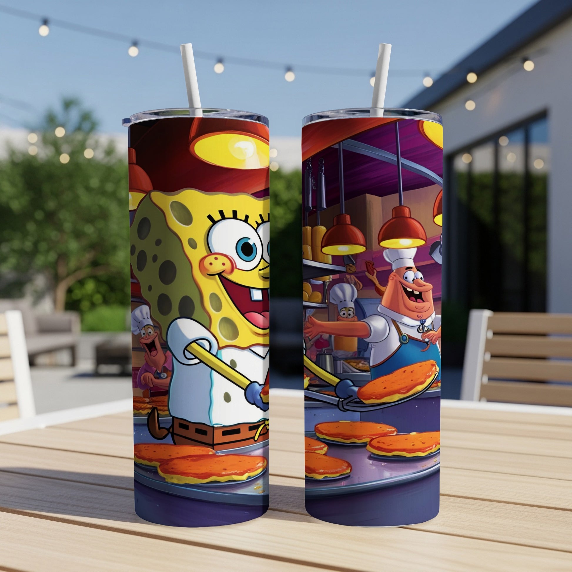 Spongebob Squarepants and chef Mr. Krabs flipping Krabby Patties on griddles.