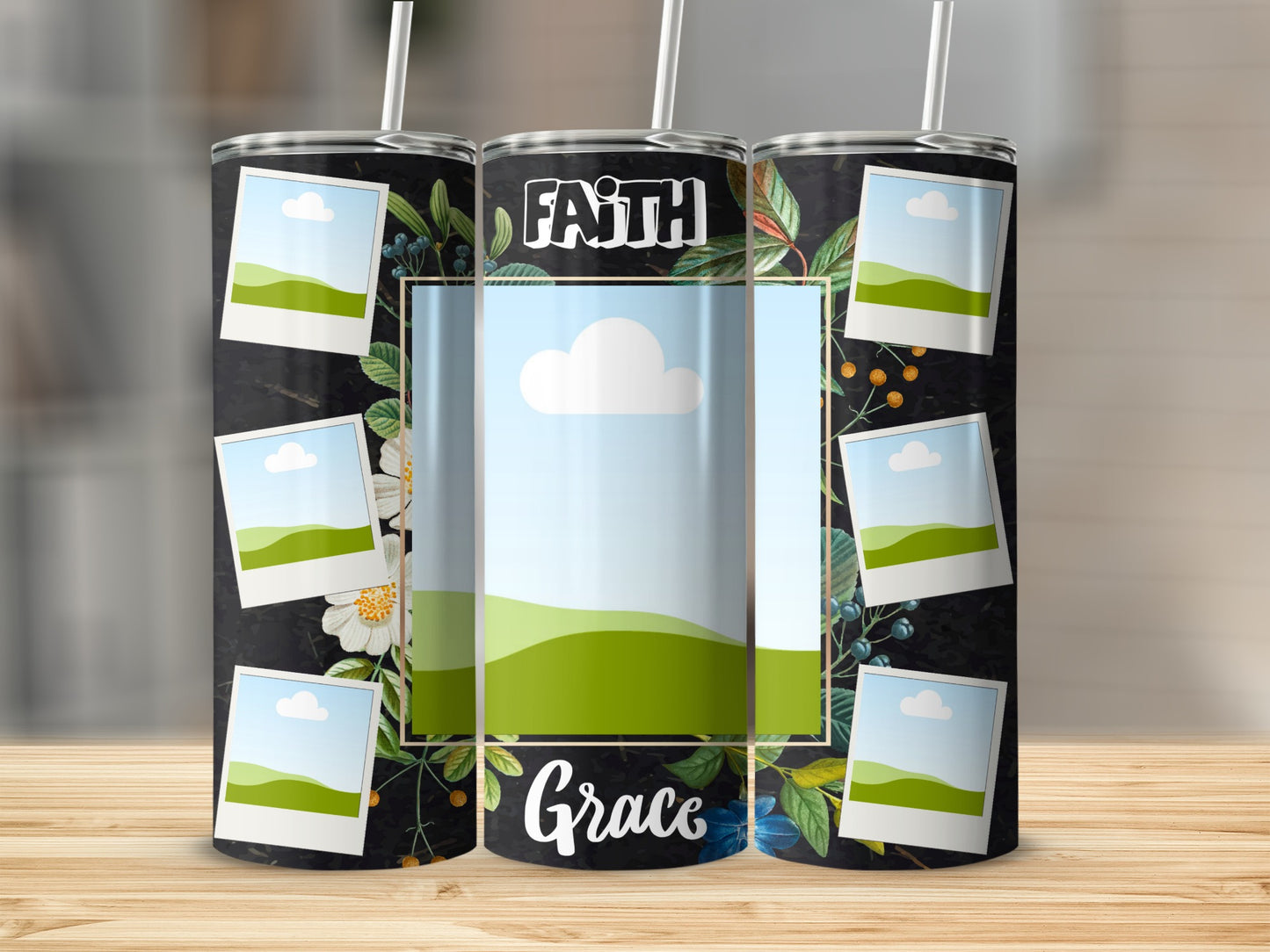 Tumbler with floral design, photo placeholders, and "Faith Grace" text.