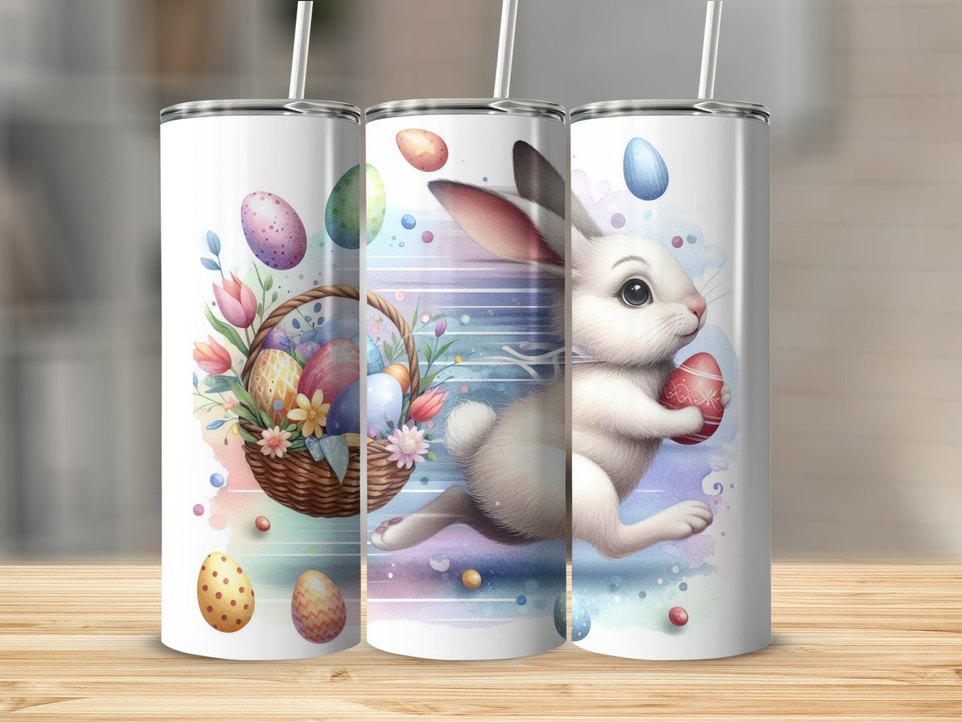 Easter bunny with basket of painted eggs on a white tumbler.