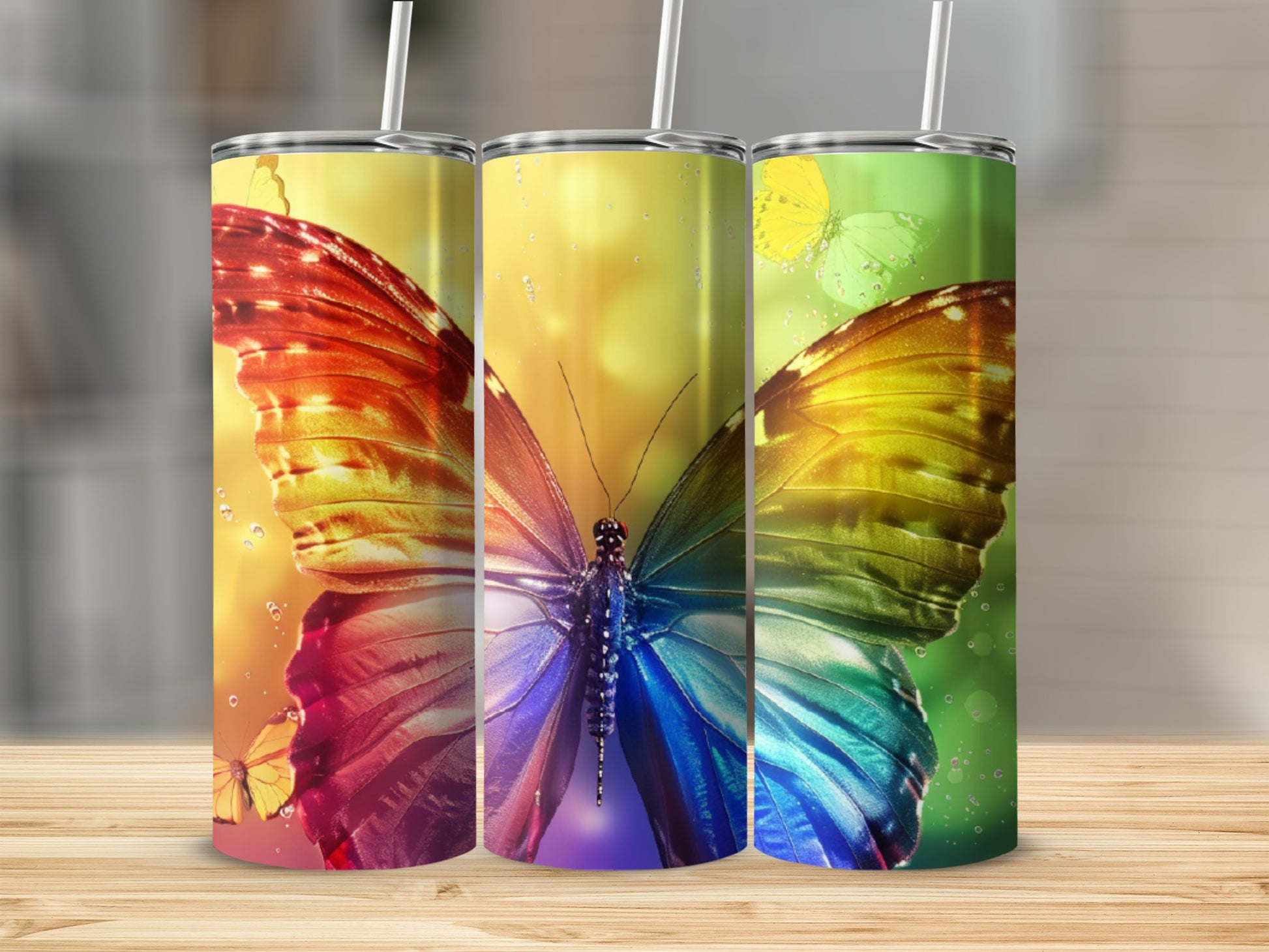 Rainbow butterfly tumbler with yellow and green background.