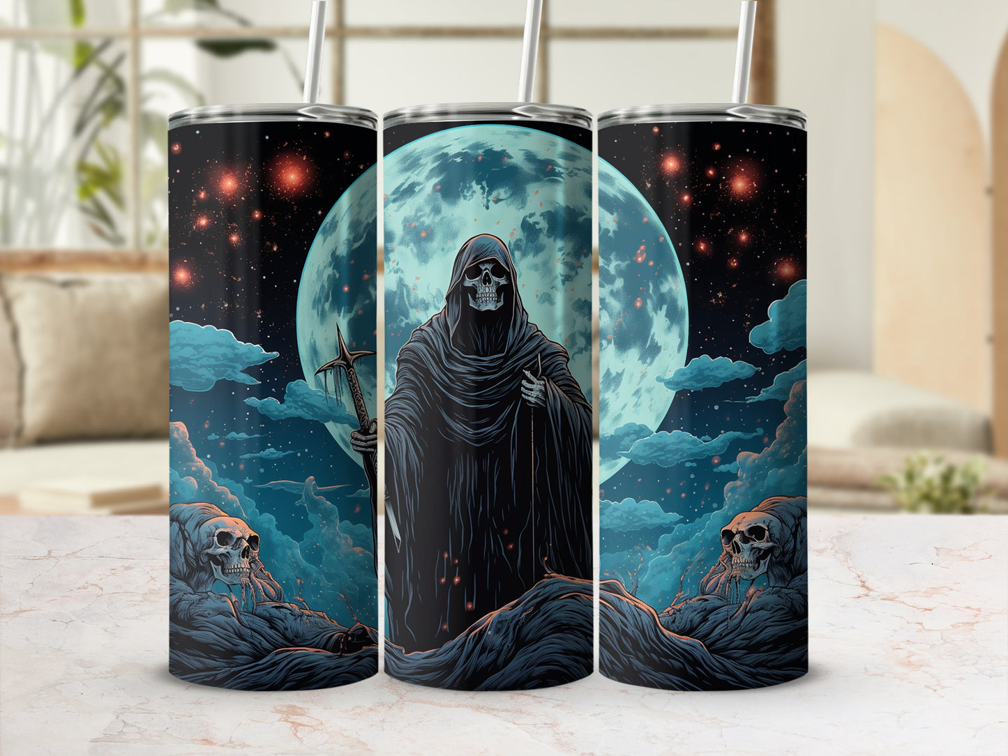 Grim Reaper Under Full Moon Tumbler with Straw