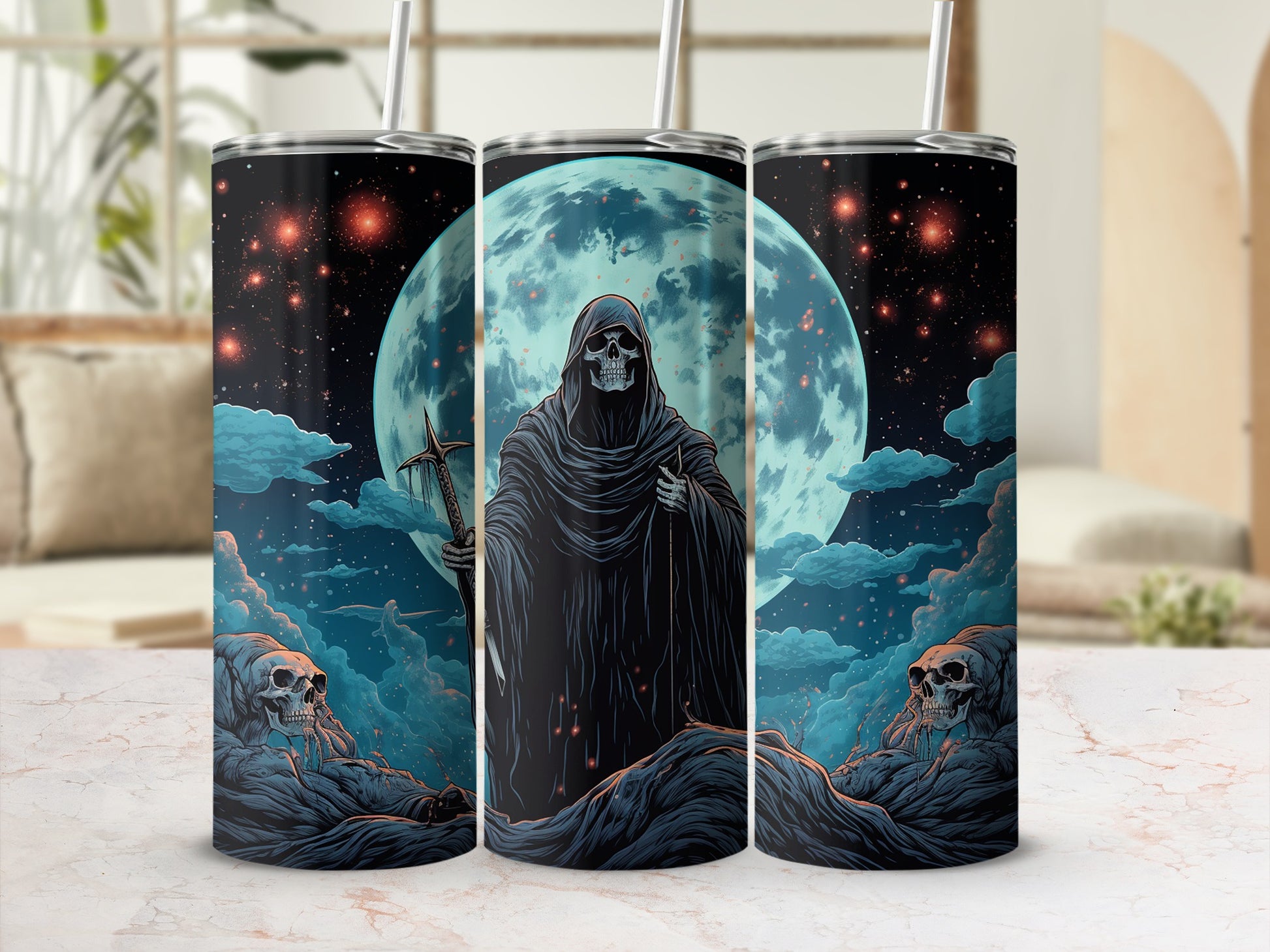 Grim Reaper Under Full Moon Tumbler with Straw
