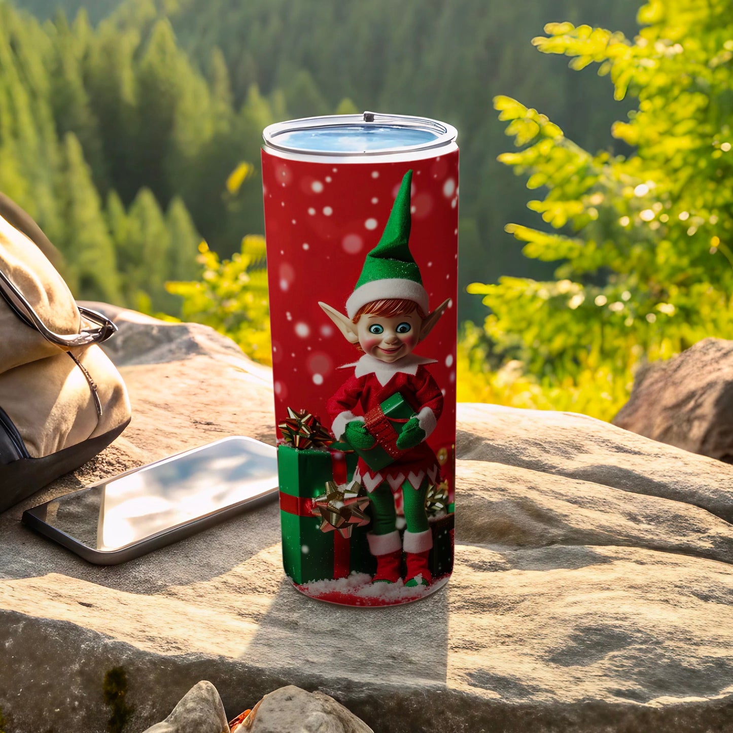 Festive Elf Holding Gift Red Tumbler for Holiday Cheer