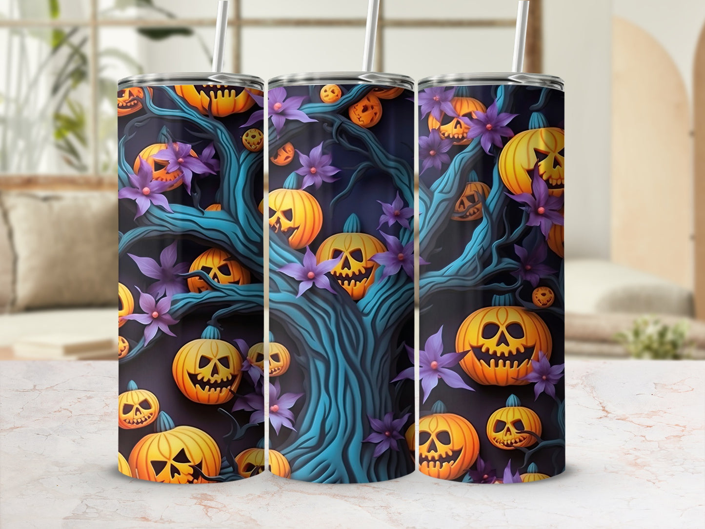 Tumbler with a Halloween tree design featuring jack-o'-lanterns and purple flowers.
