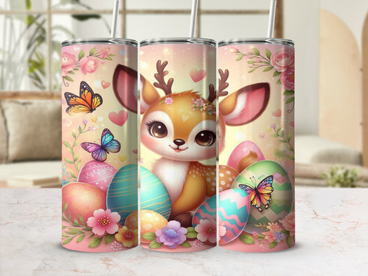 Cute cartoon deer with Easter eggs and butterflies on a pastel background.