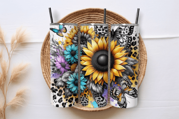 Daisies with butterflies and colorful tumbler