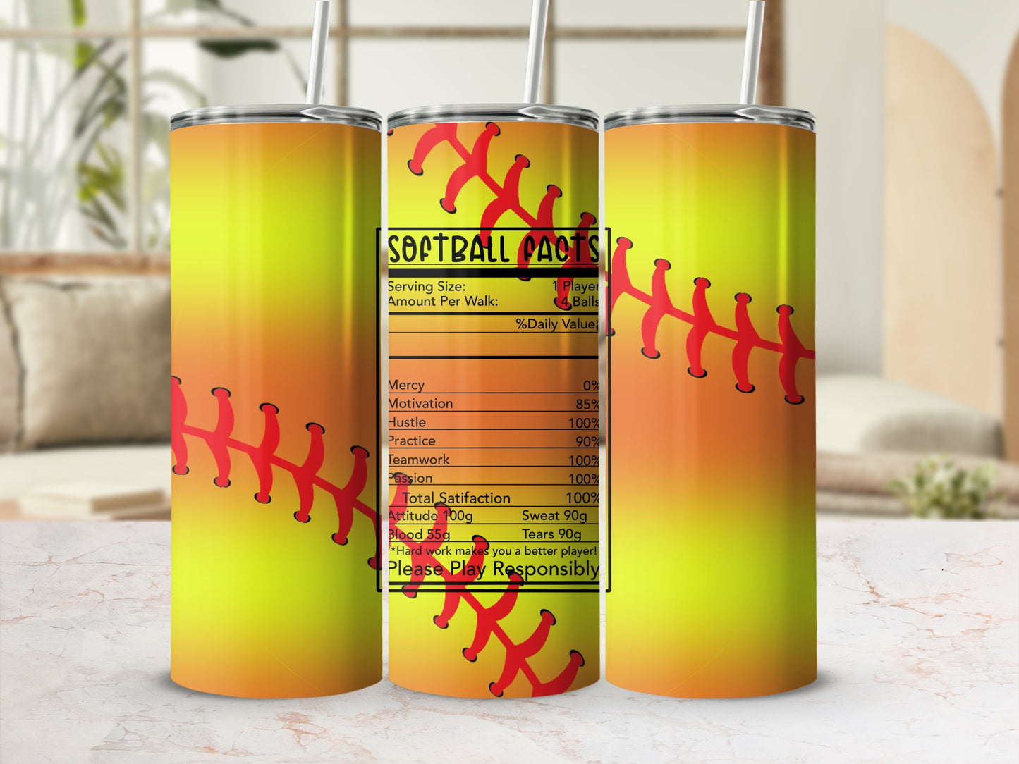 Softball Facts tumbler with nutritional information for motivation, hustle, and practice.