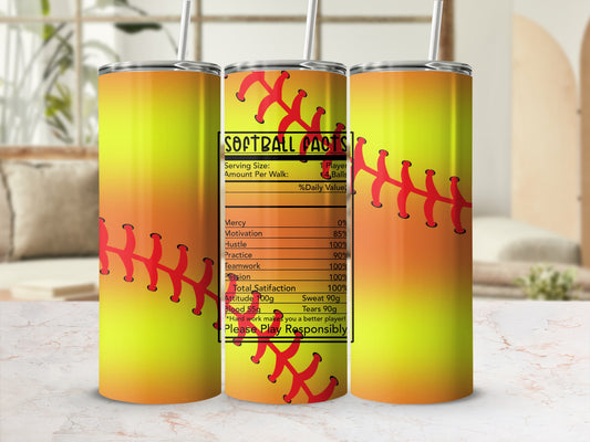 Softball Facts tumbler with nutritional information for motivation, hustle, and practice.