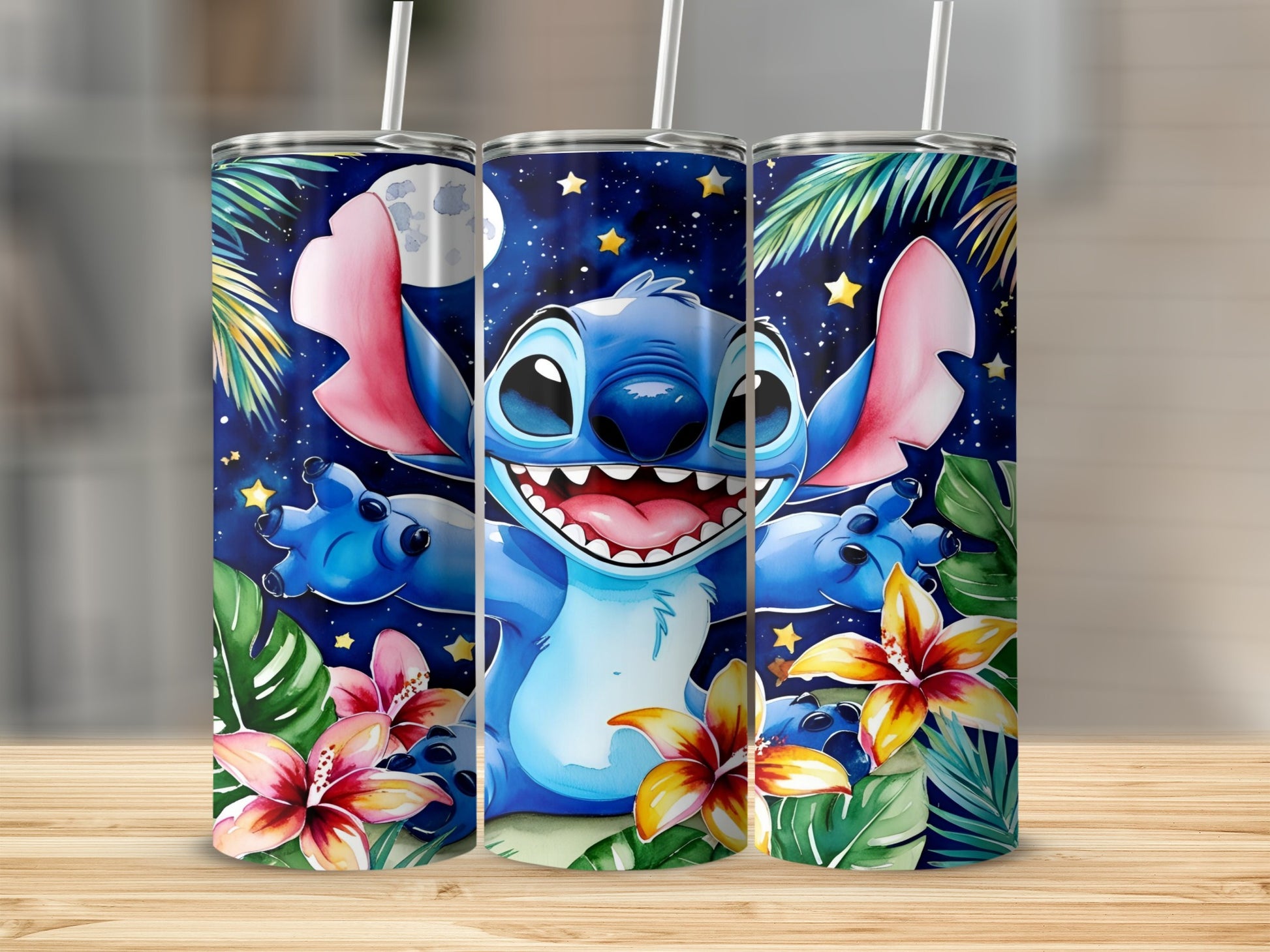 Stitch from Lilo & Stitch with tropical flowers and palm leaves.