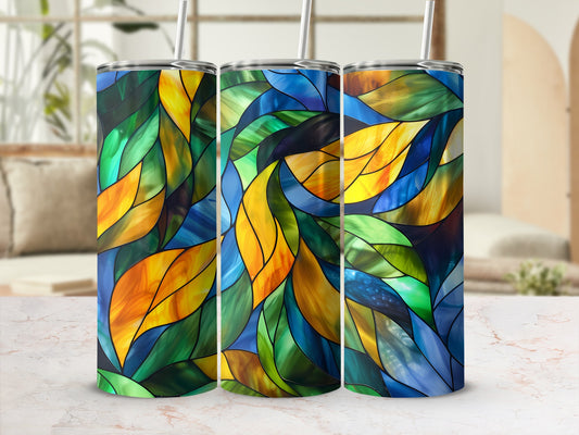 Three tumblers with a stained glass leaf pattern.