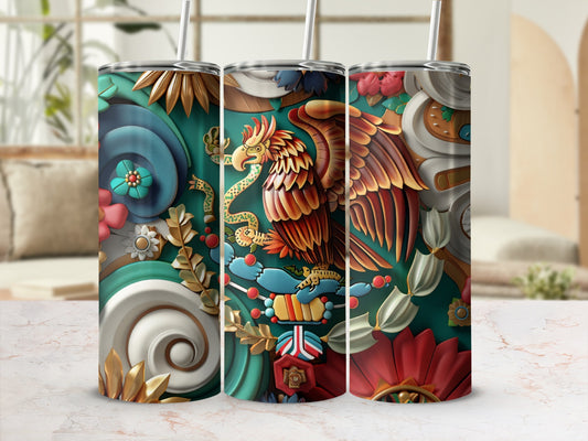 Three colorful tumblers featuring a Mexican eagle design and floral accents.