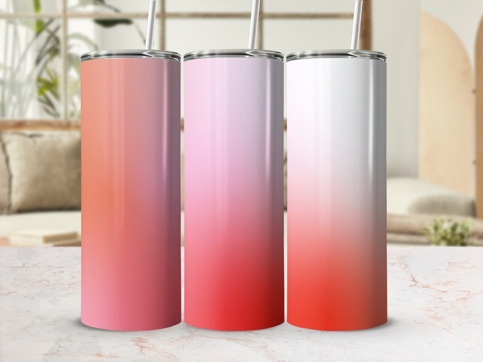 Three gradient tumblers: coral to pink, pink to red, and white to red.