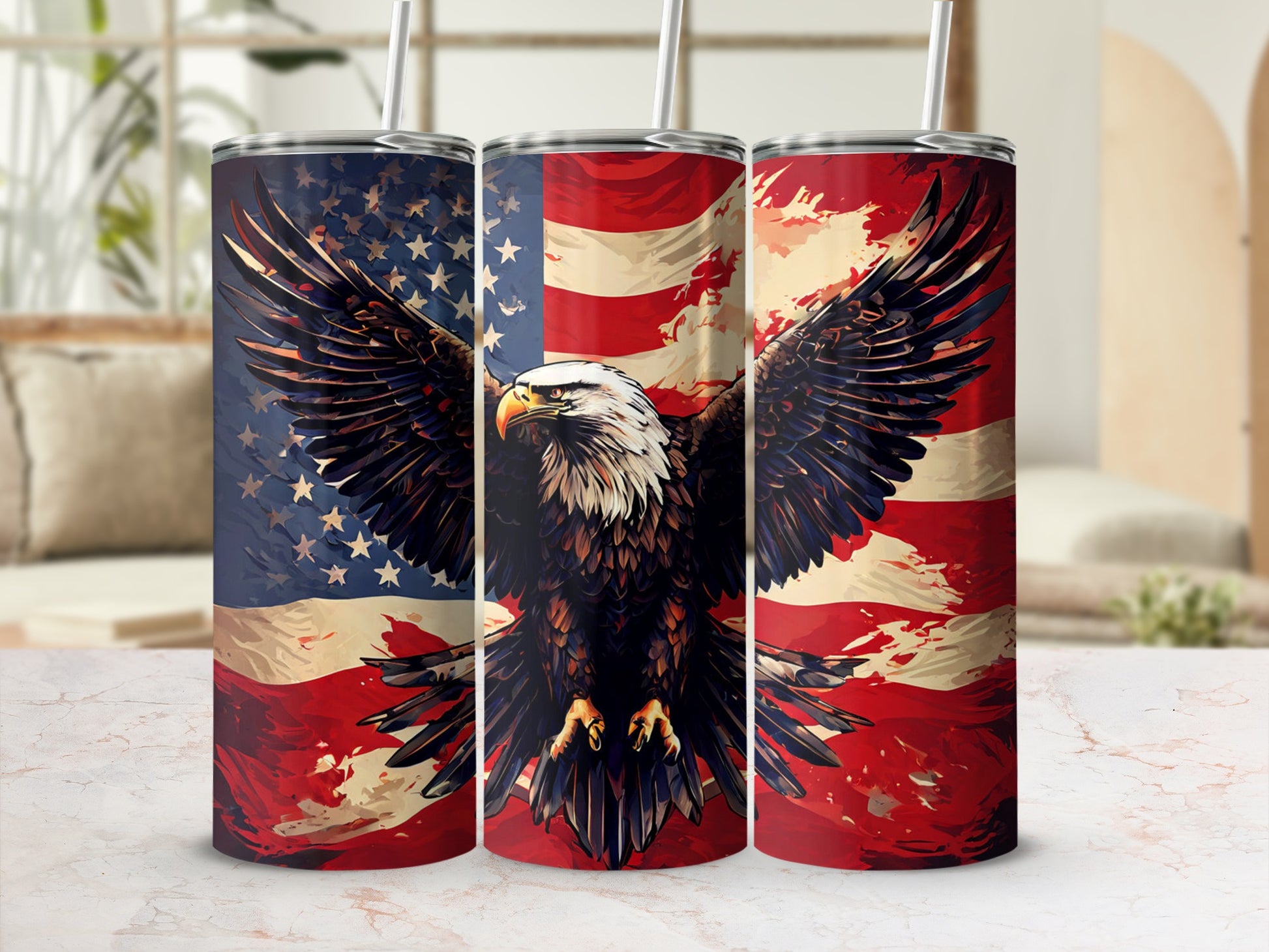 Triptych of tumblers with American flag and eagle design.
