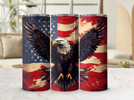 Triptych of tumblers with American flag and eagle design.