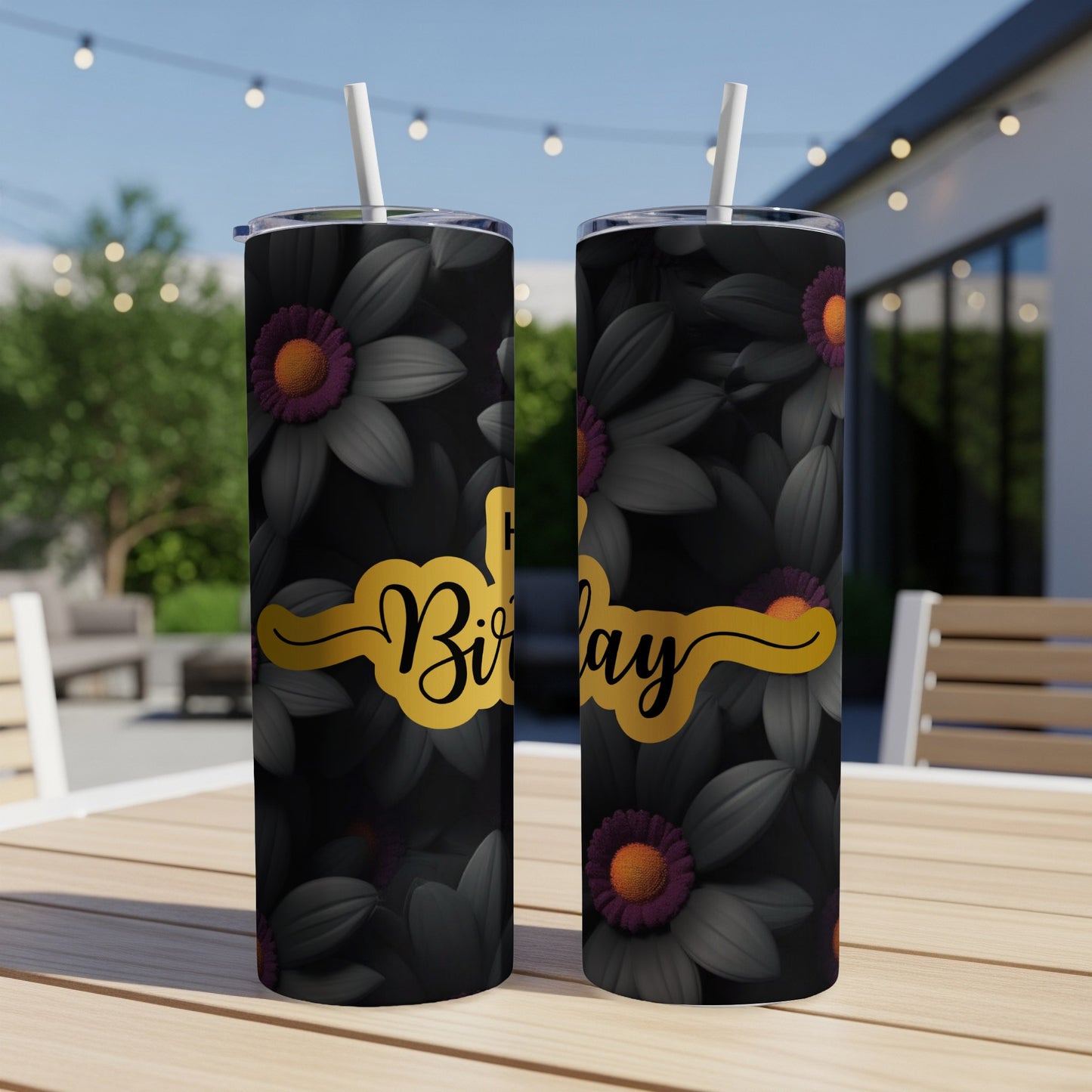 Black tumbler with floral pattern and "Happy Birthday" text.