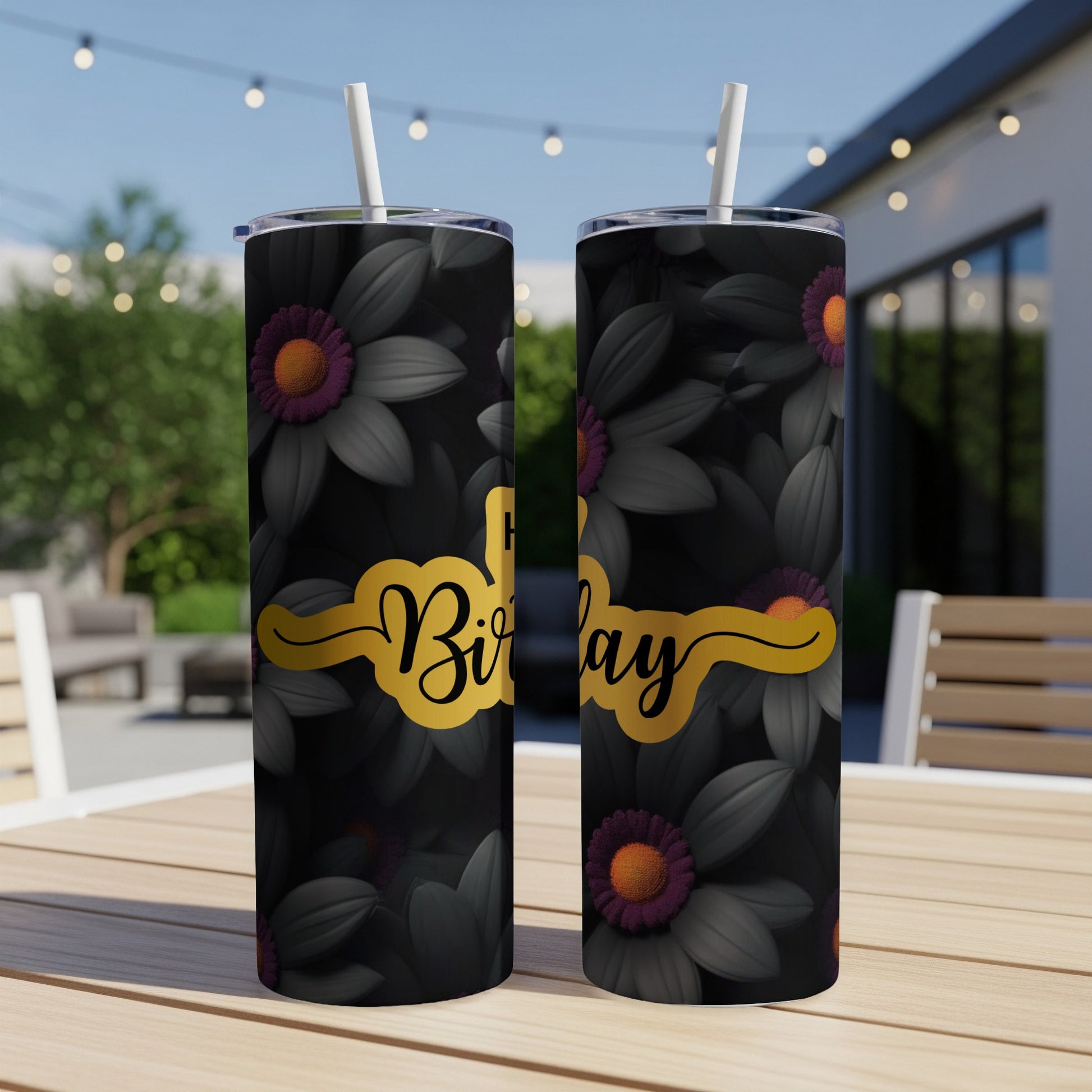 Black tumbler with floral pattern and "Happy Birthday" text.