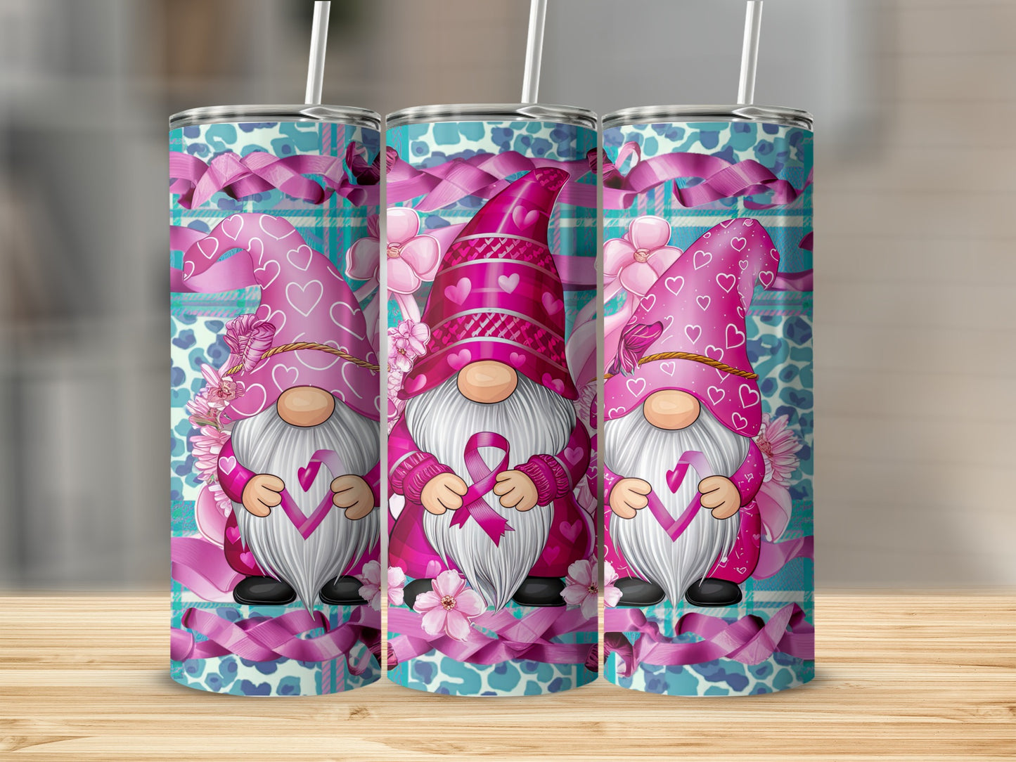 Three pink gnomes with breast cancer awareness ribbons on a patterned background.
