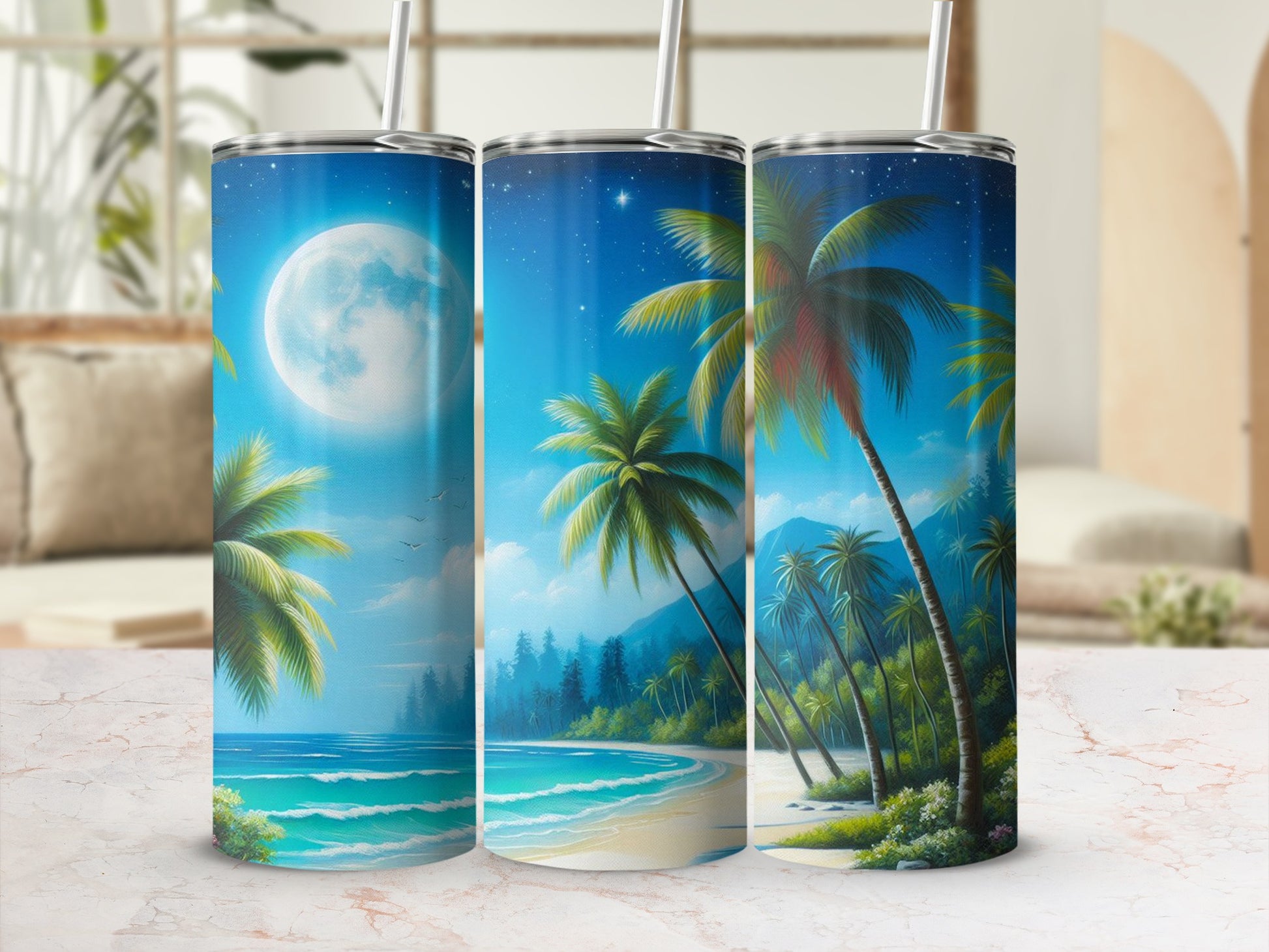 Triptych of tropical beach scene with palm trees, ocean, and full moon.