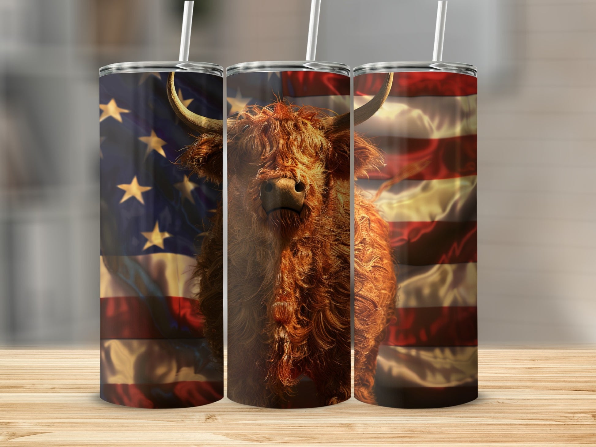 Highland cow and American flag pattern on three tumblers.