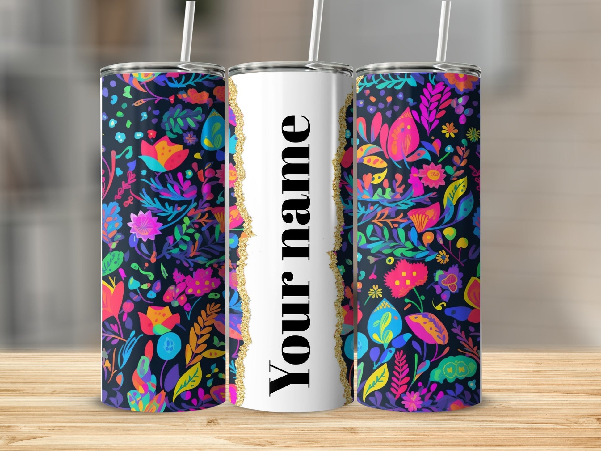 Custom Name Floral Pattern Tumbler Cup with Straw