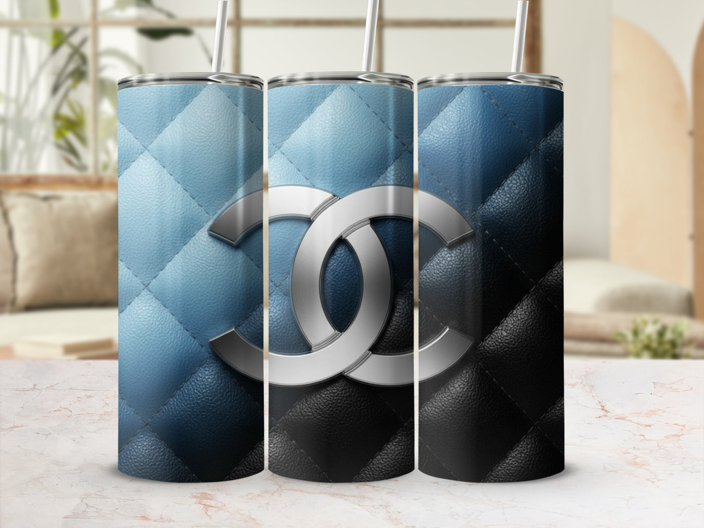 Blue Black Quilted Design Featuring Interlocking Arcs Tumblers