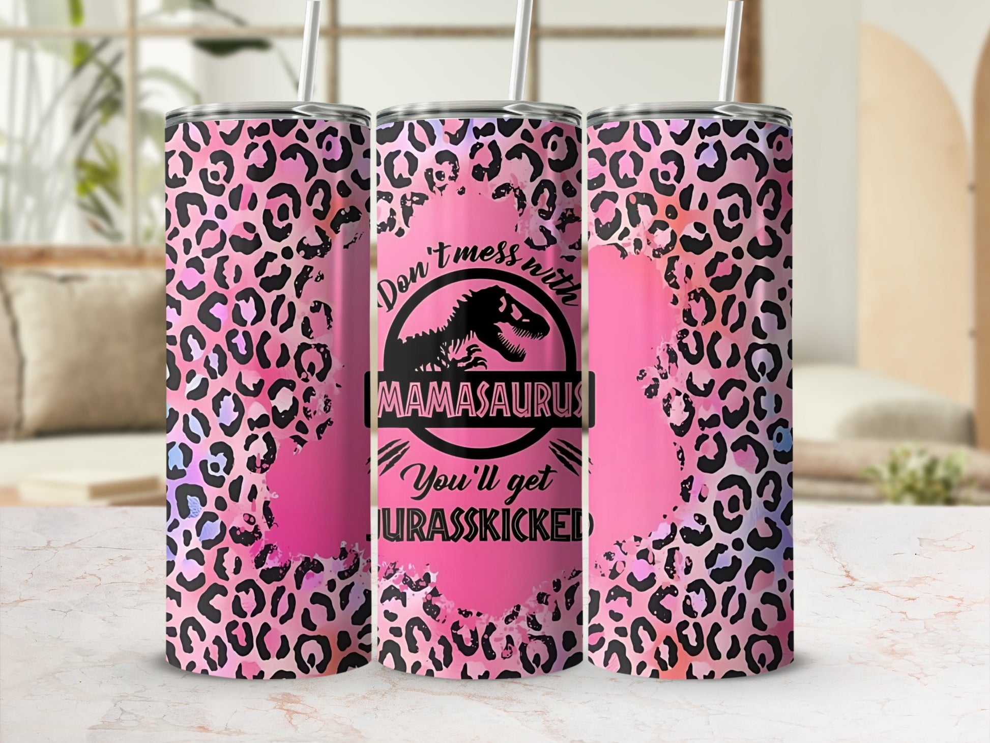 Mamasaurus Pink Leopard Print Insulated Tumbler Cup