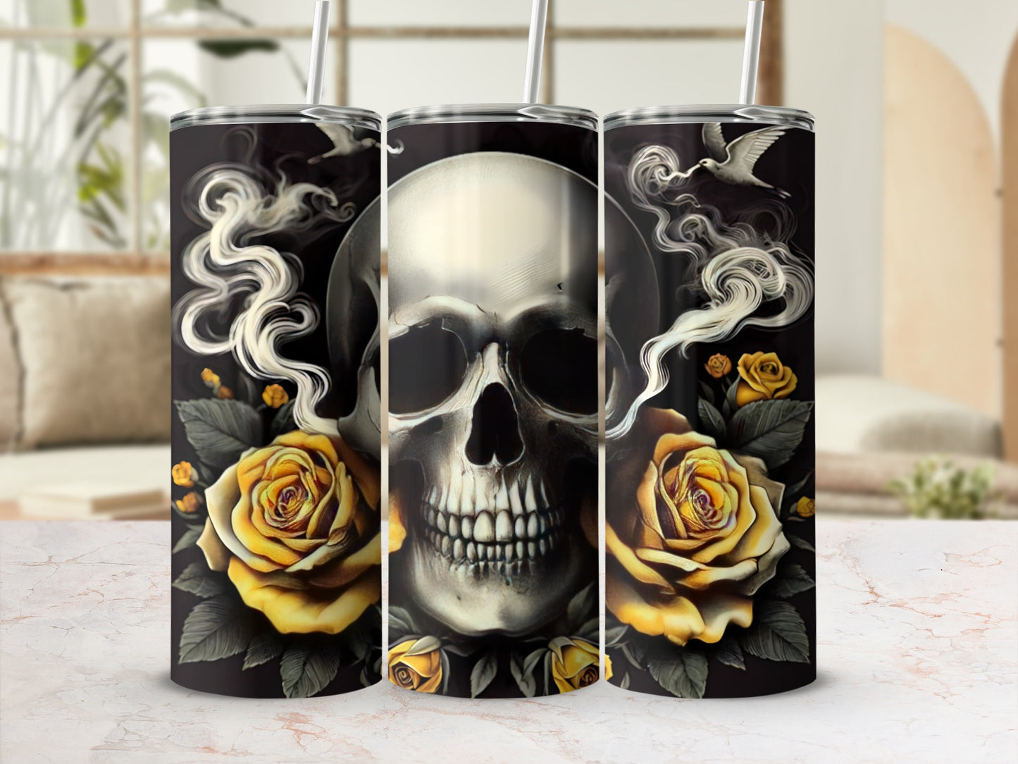 Skull and yellow roses with smoke on a tumbler.
