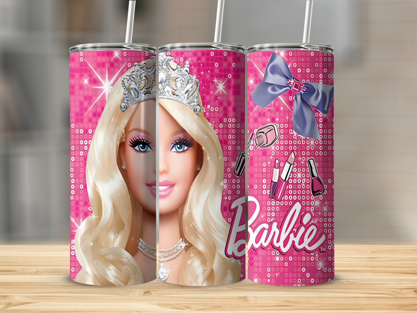 Barbie tumbler with sparkly pink background and crown, makeup, and bow graphics.