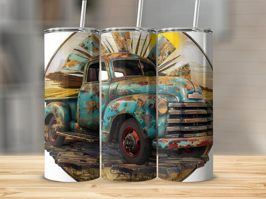 Rustic teal Chevrolet pickup truck with sunburst and wooden planks.