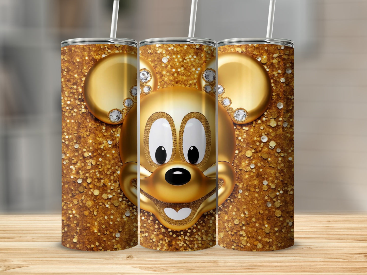 Glittering Gold Cartoon Mouse Face Tumbler