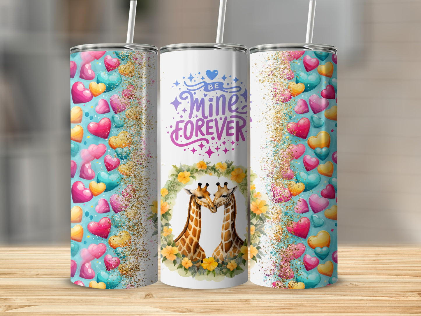 Be Mine Forever Giraffe and Colorful Hearts Tumbler