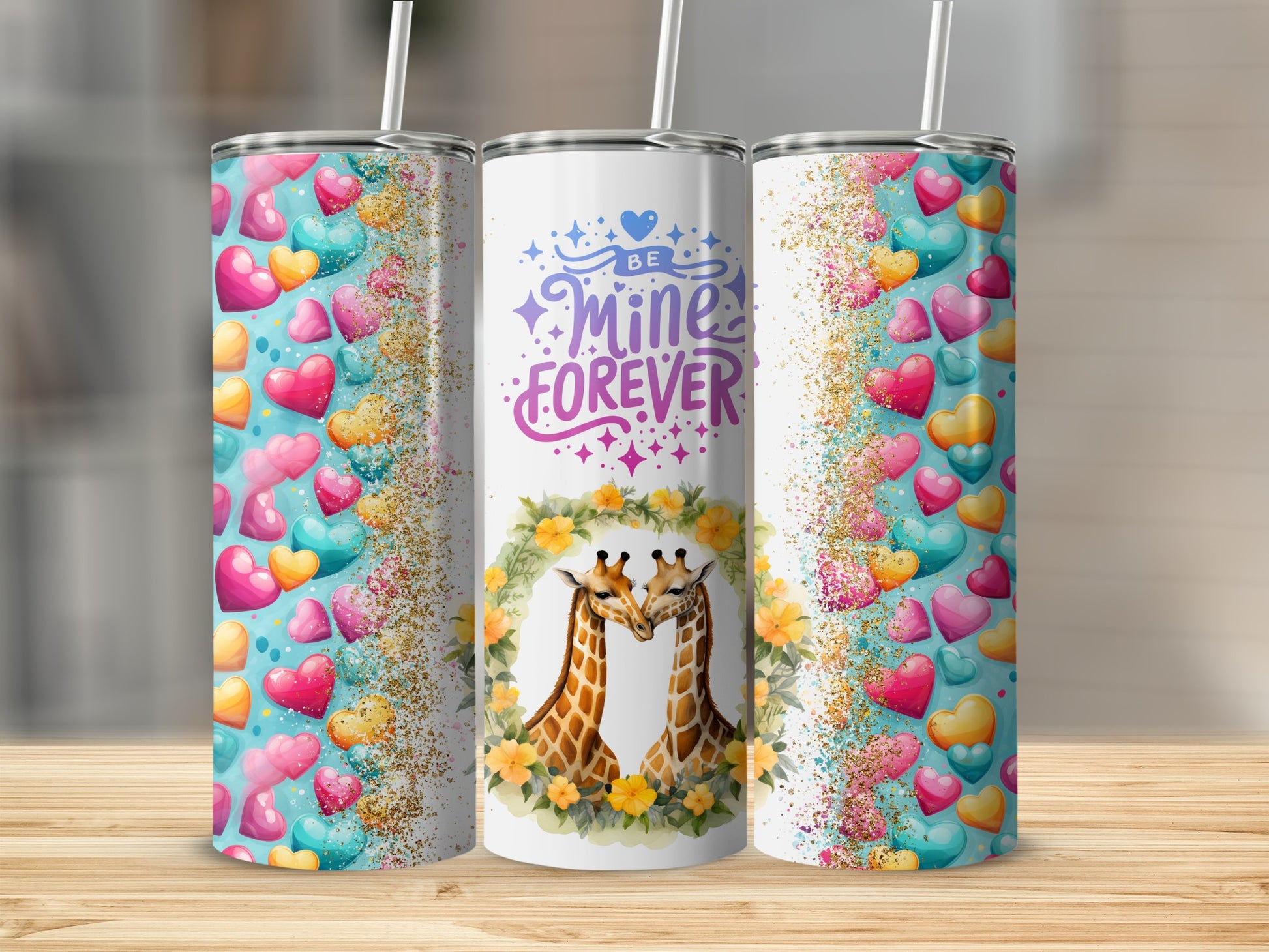 Be Mine Forever Giraffe and Colorful Hearts Tumbler