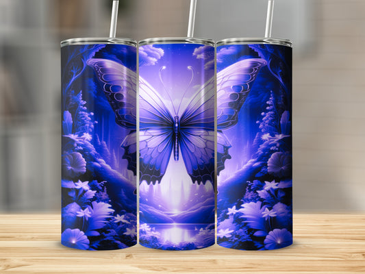 Blue butterfly on a dark floral background with glowing light effects.