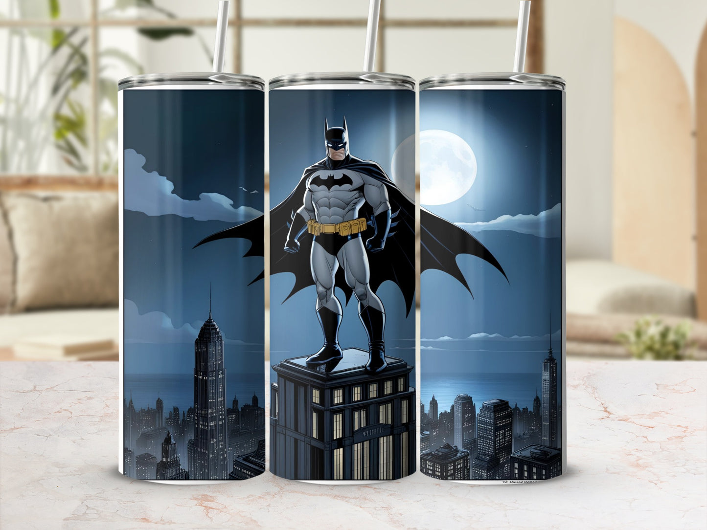 Batman stands heroically atop a skyscraper against a full moonlit city skyline.