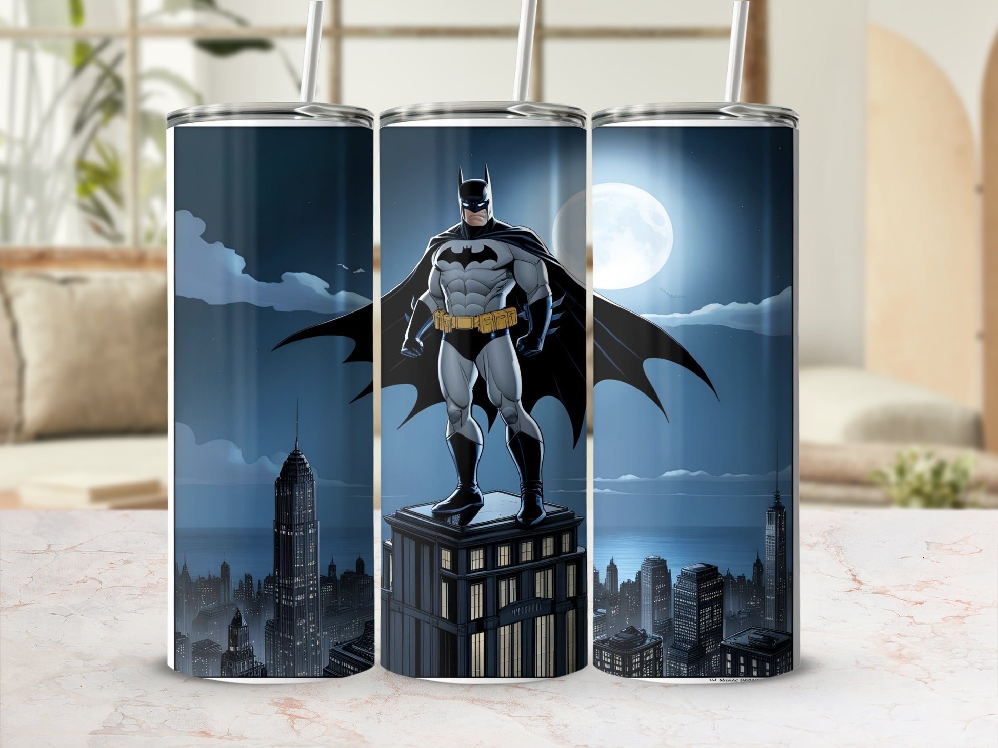Batman stands heroically atop a skyscraper against a full moonlit city skyline.