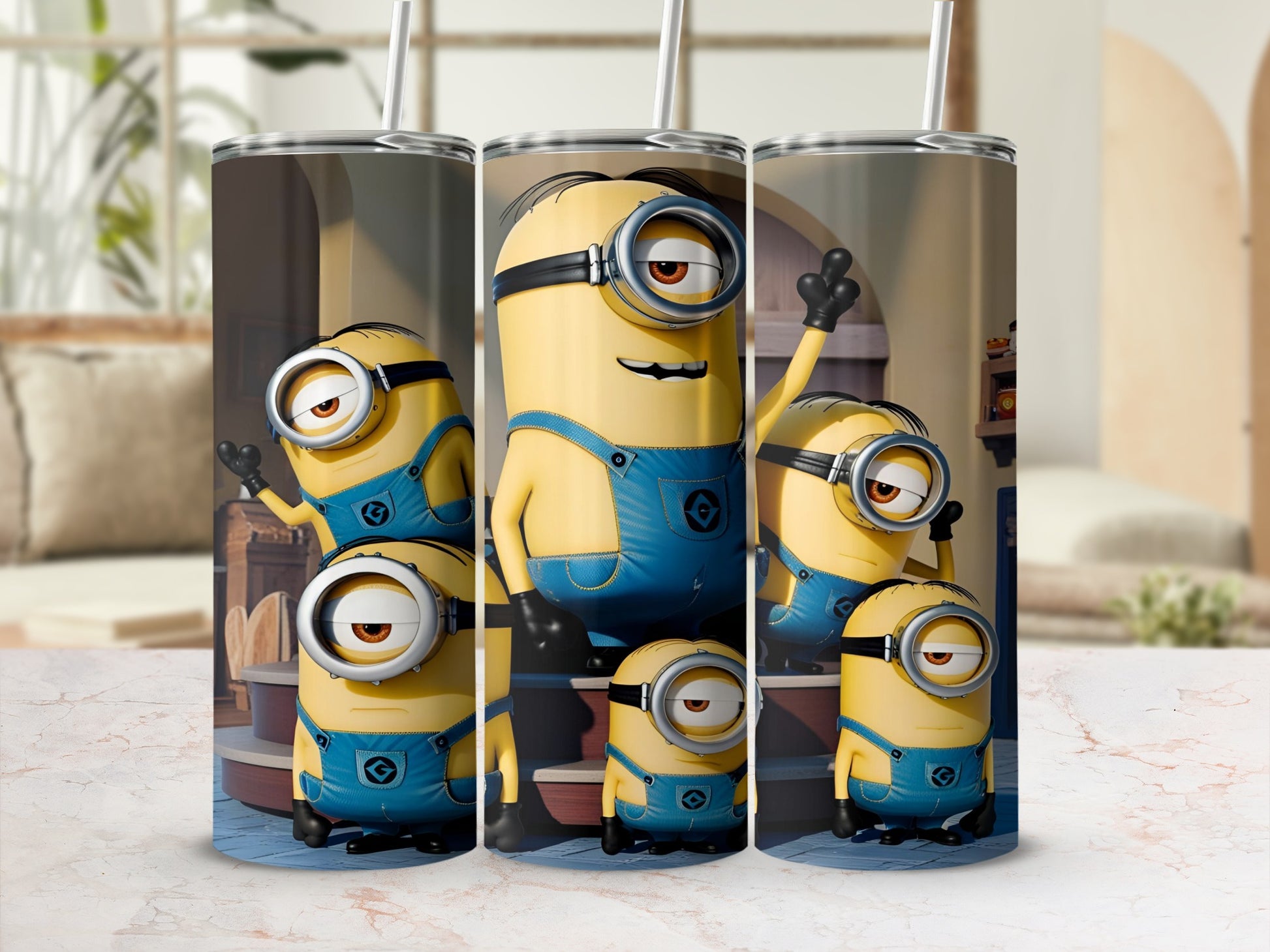 Minions on a tumbler with a straw in front of a blurred background.