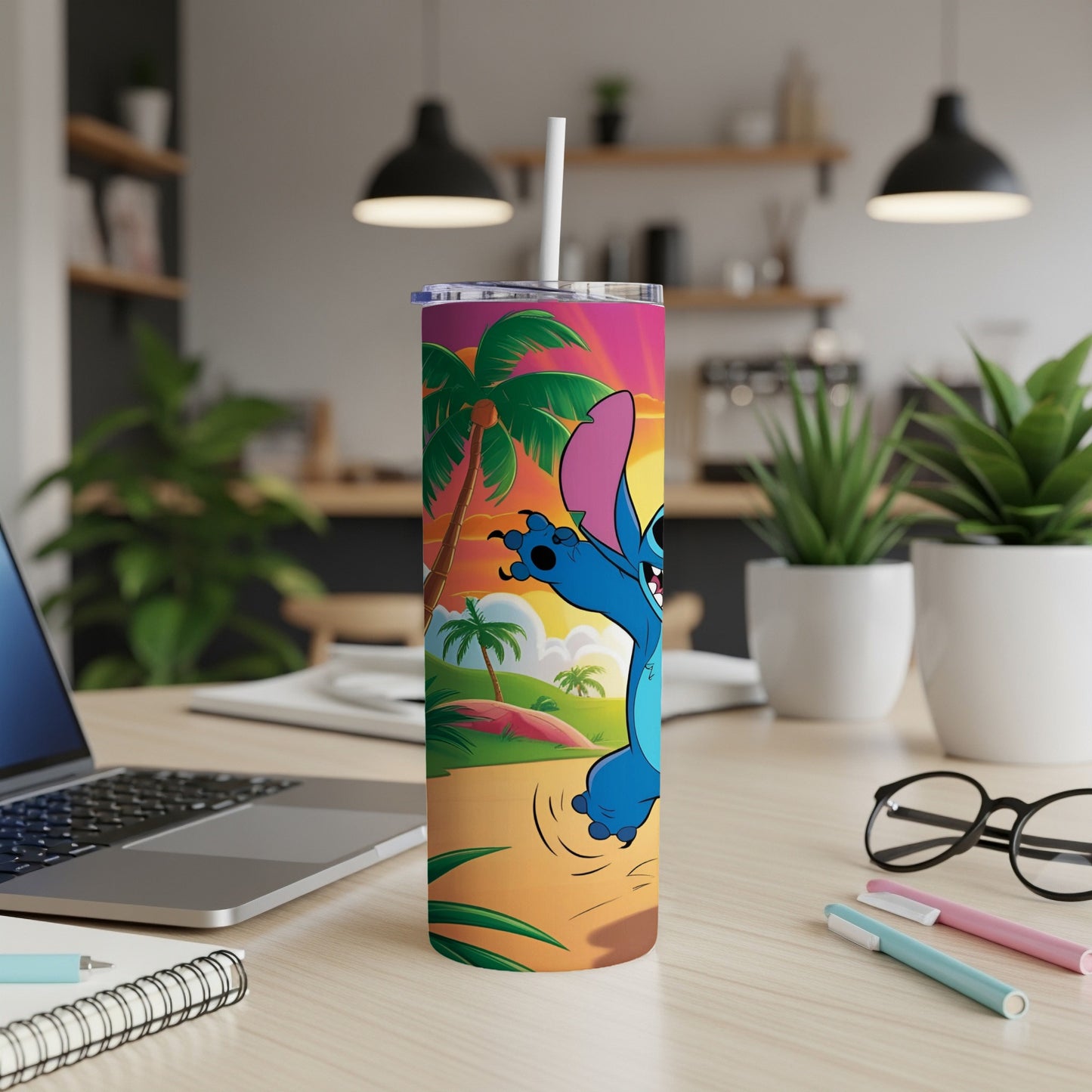 Blue alien character Stitch from Lilo & Stitch on a tropical beach tumbler.