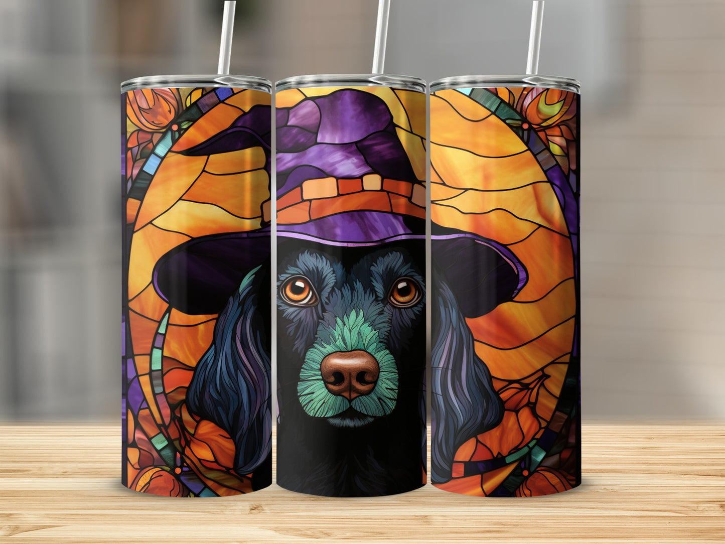 Black dachshund wearing a witch hat, against a stained-glass background.