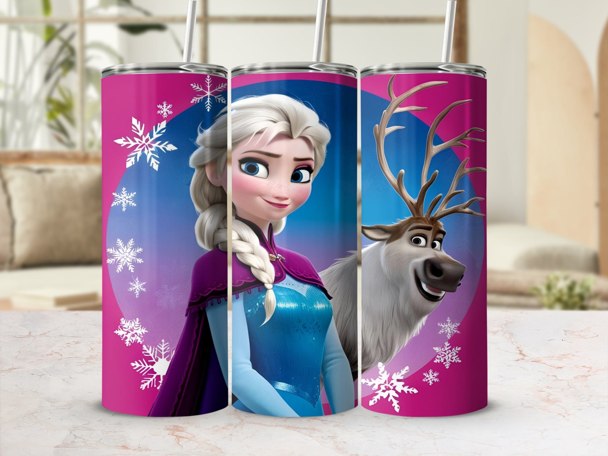 Elsa and Sven from Frozen on a pink tumbler with snowflakes.