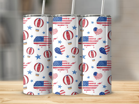 Three tumblers with patriotic USA flag map and hot air balloon pattern.