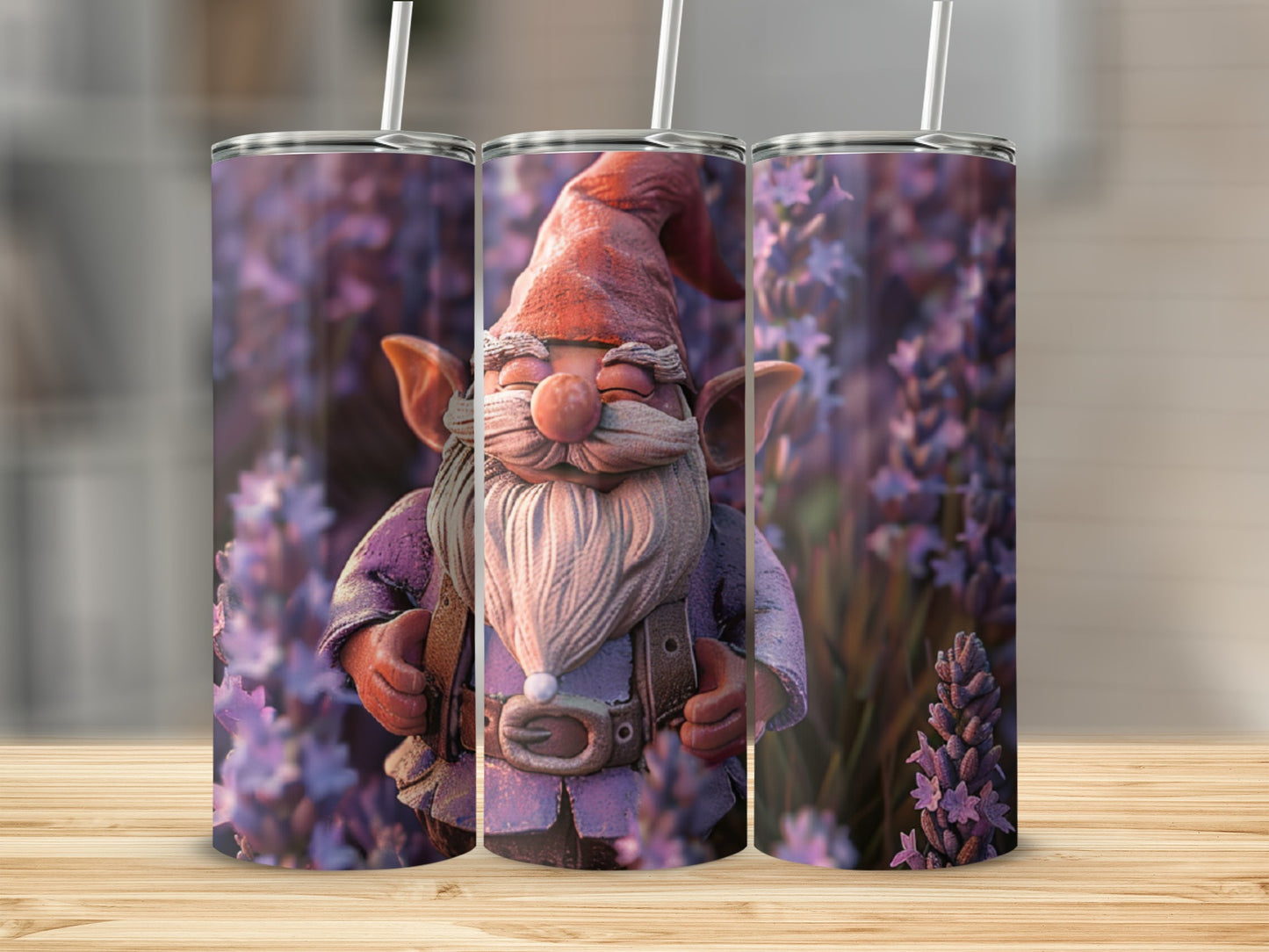 Gnome tumbler with lavender field background.